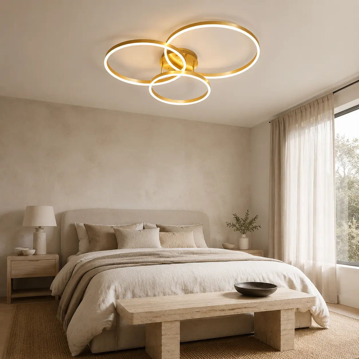 Lustre Plafonnier Anneaux Dorés Superposés