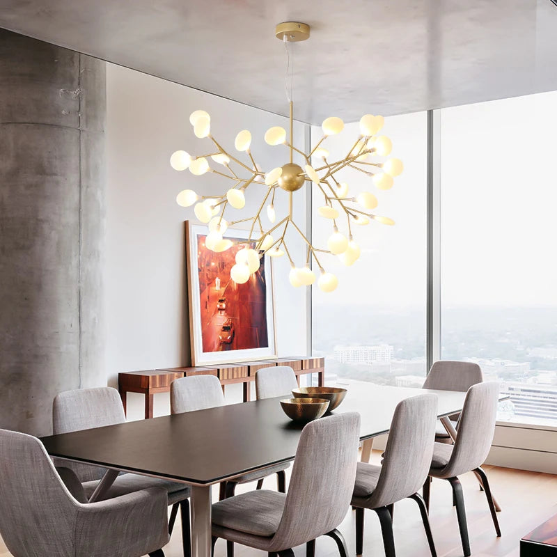 Lustre LED Doré Effet Luciole Branches Métal