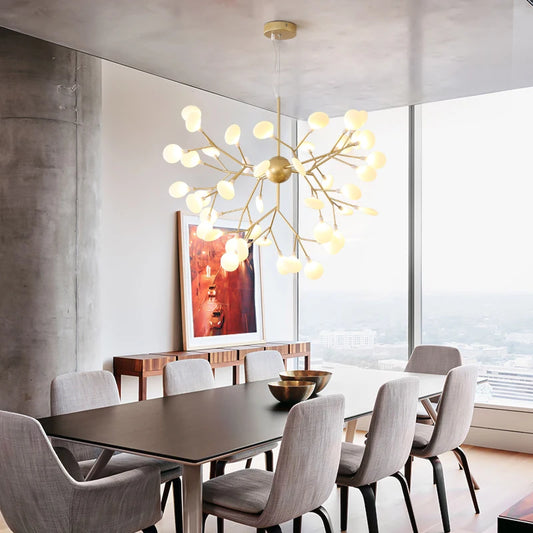Lustre LED Doré Effet Luciole Branches Métal