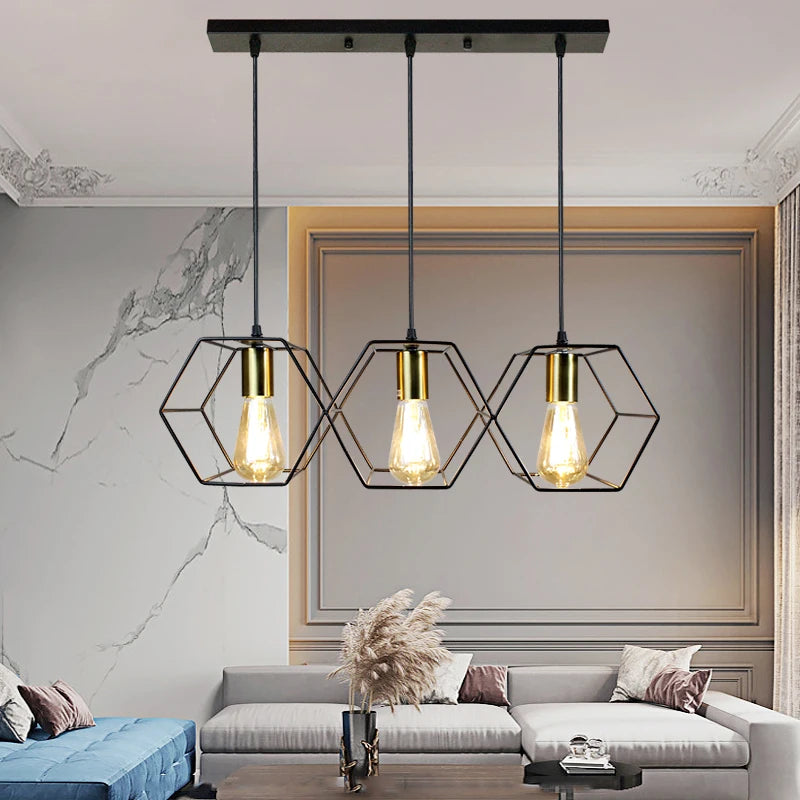 Geometric Hexagonal Black Metal Multi-Head Pendant Light | Lumfyr