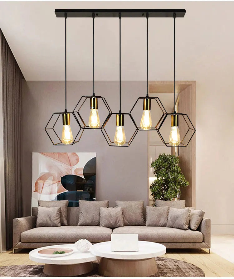Geometric Hexagonal Black Metal Multi-Head Pendant Light | Lumfyr