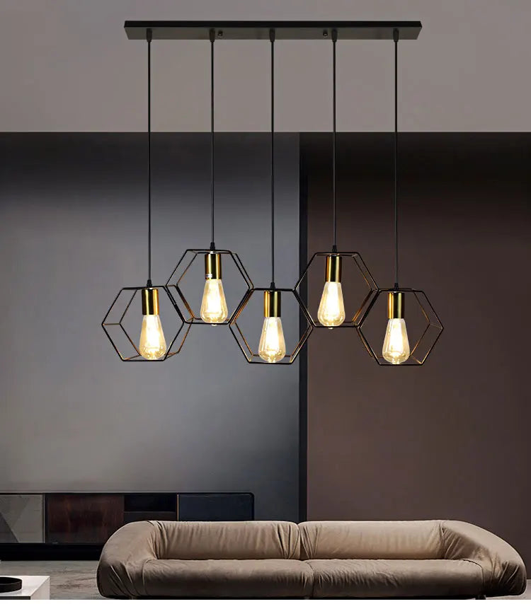 Geometric Hexagonal Black Metal Multi-Head Pendant Light | Lumfyr