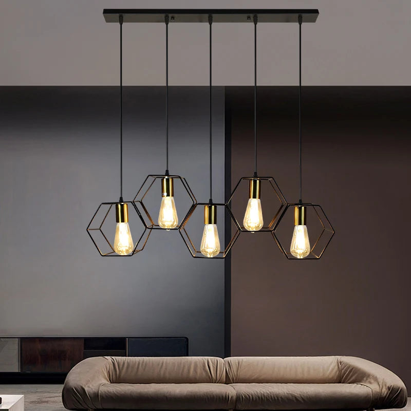 Geometric Hexagonal Black Metal Multi-Head Pendant Light | Lumfyr