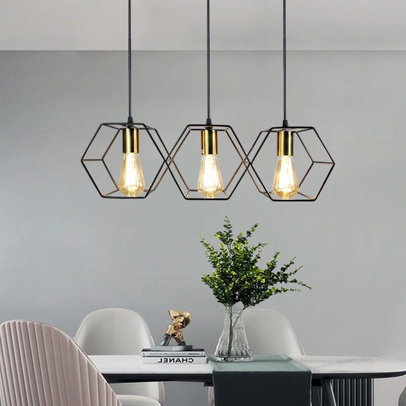 Geometric Hexagonal Black Metal Multi-Head Pendant Light | Lumfyr