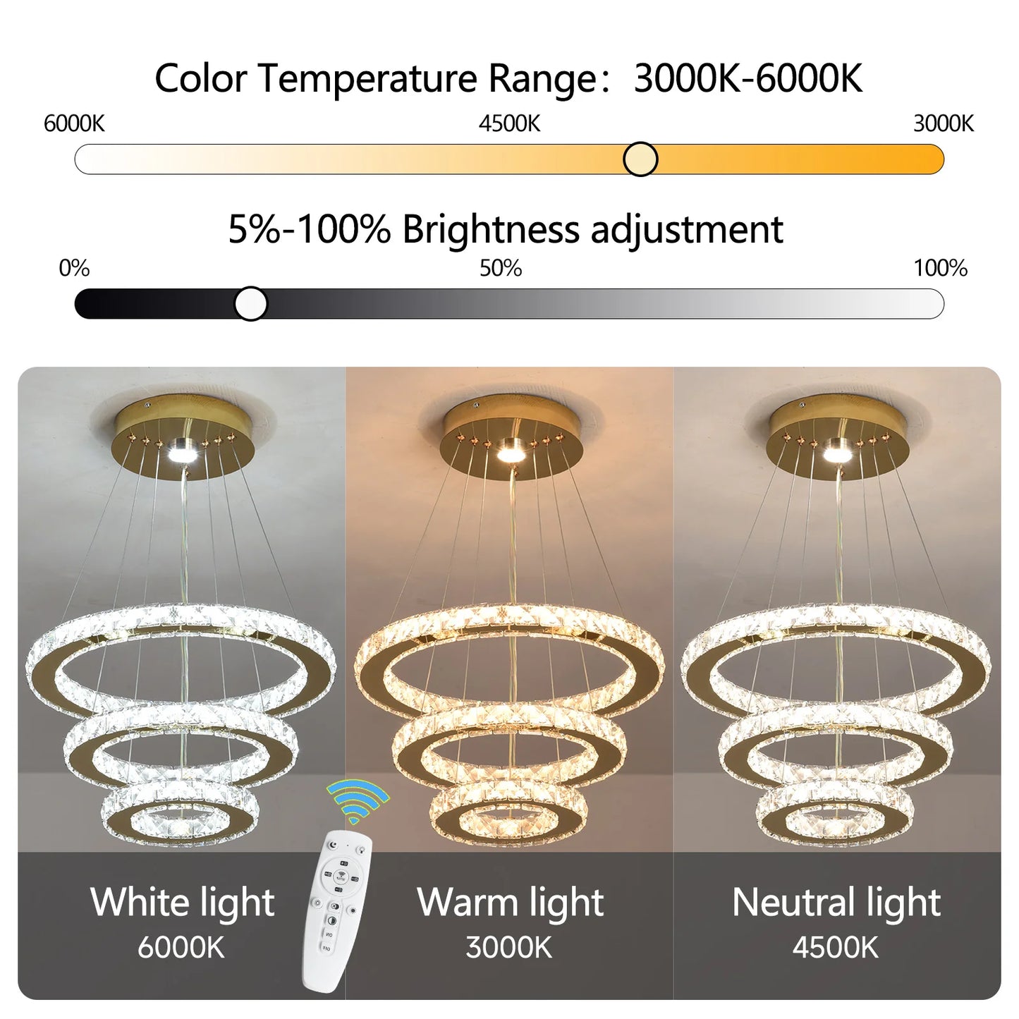 Lustre Cristal 3 Anneaux LED
