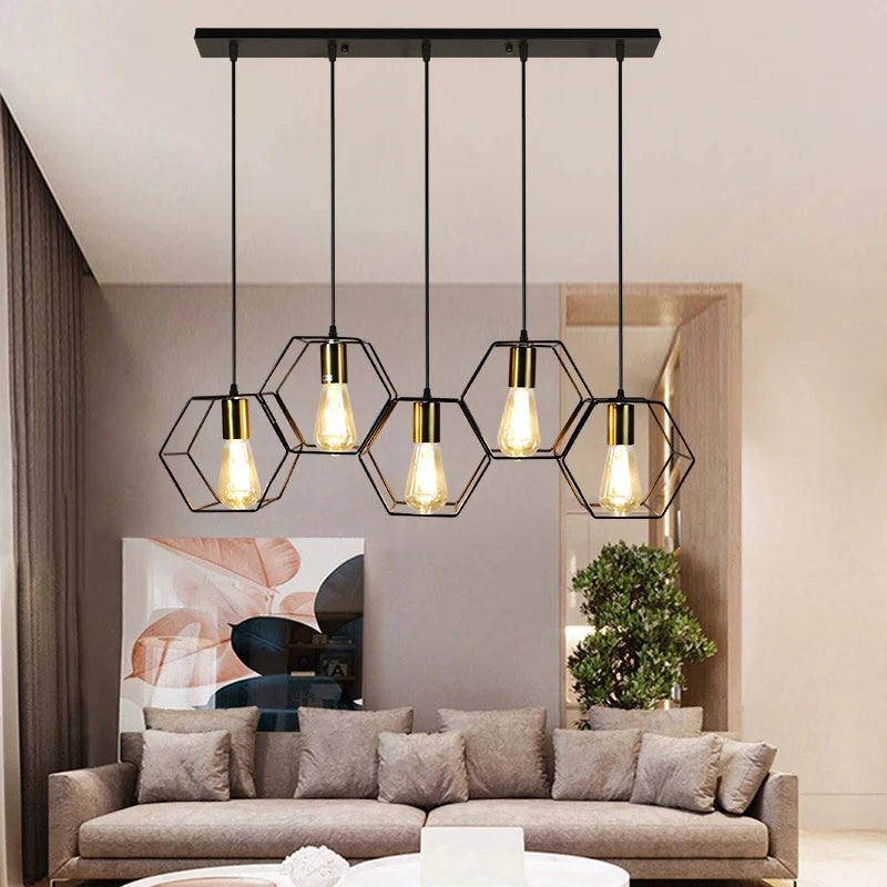 Geometric Hexagonal Black Metal Multi-Head Pendant Light | Lumfyr