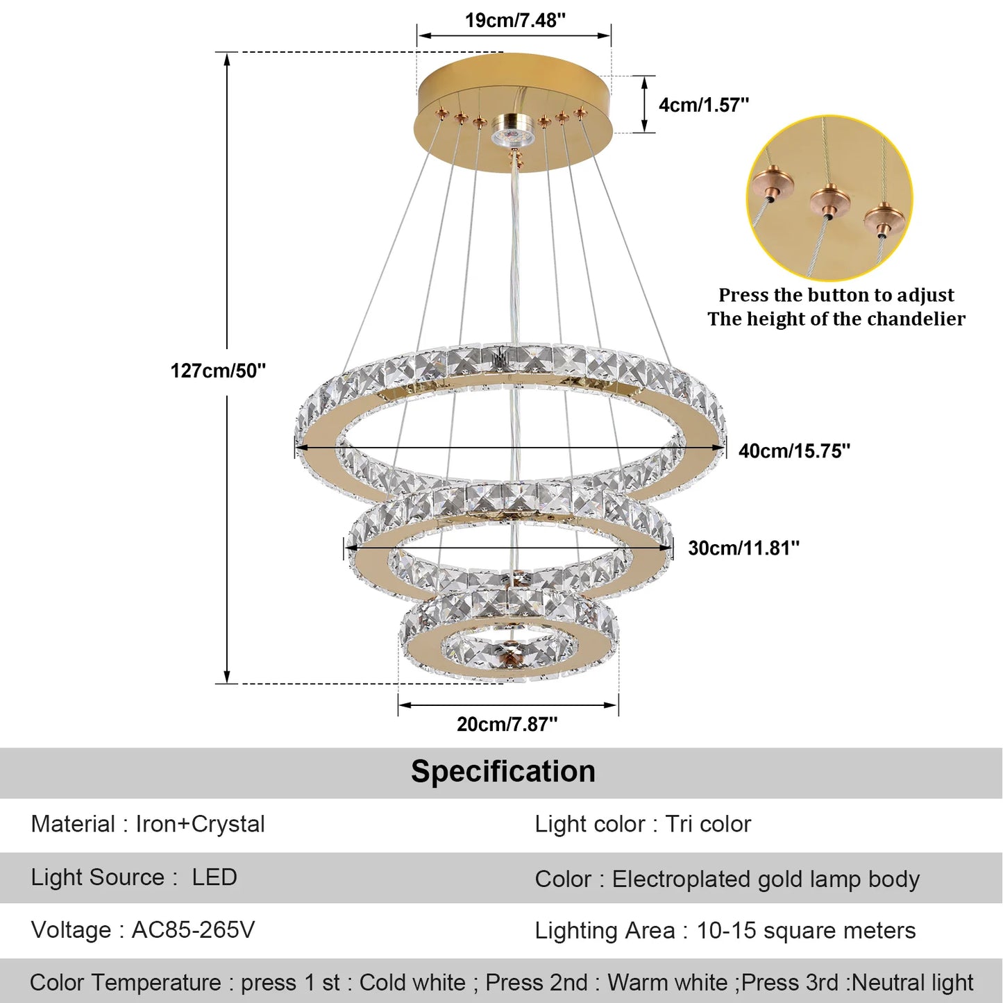 Lustre Cristal 3 Anneaux LED