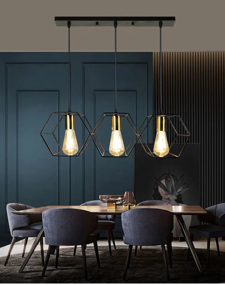 Geometric Hexagonal Black Metal Multi-Head Pendant Light | Lumfyr