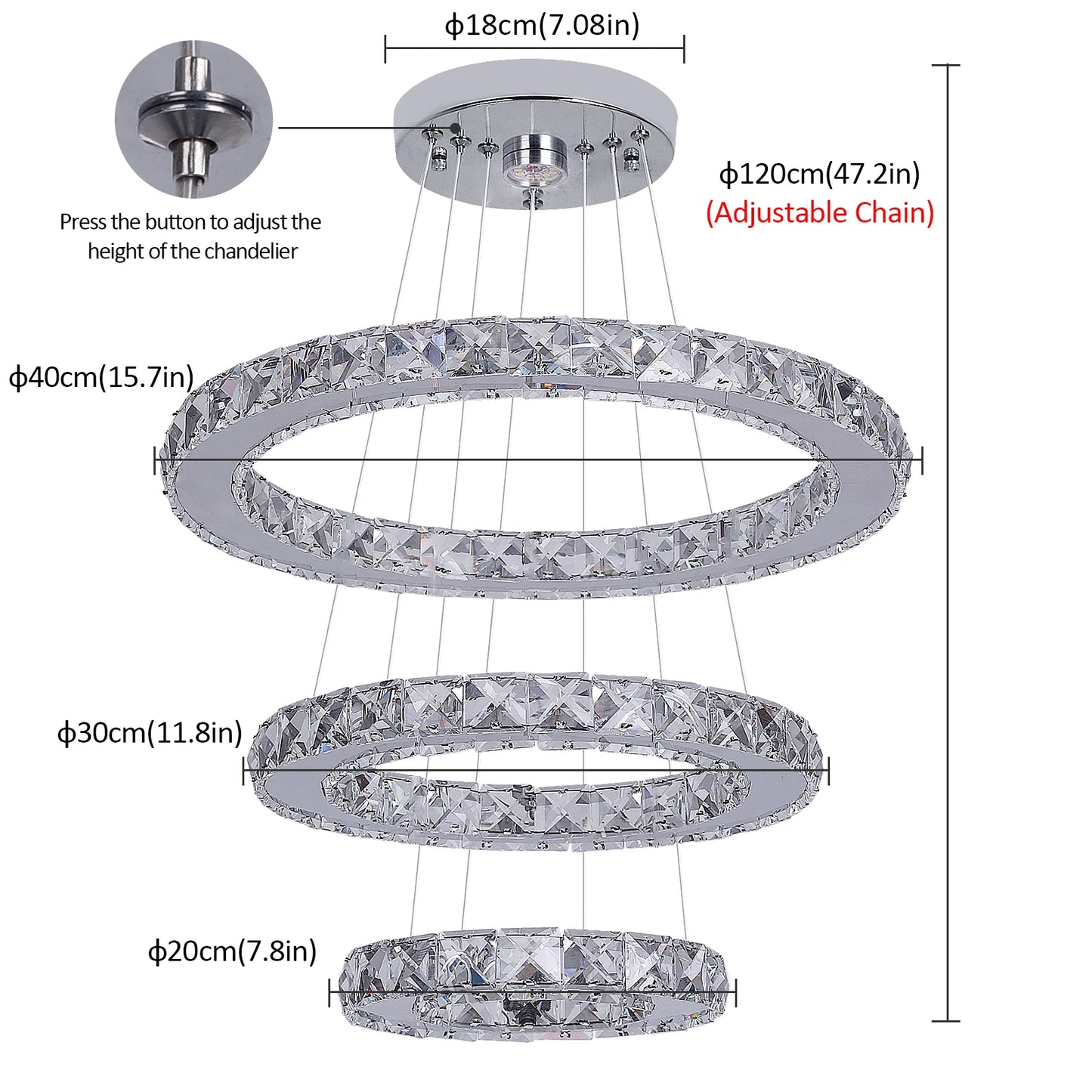 Lustre Cristal 3 Anneaux LED