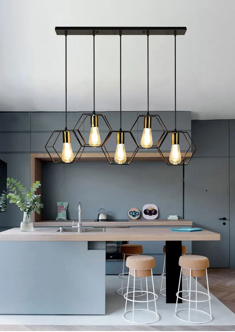 Geometric Hexagonal Black Metal Multi-Head Pendant Light | Lumfyr