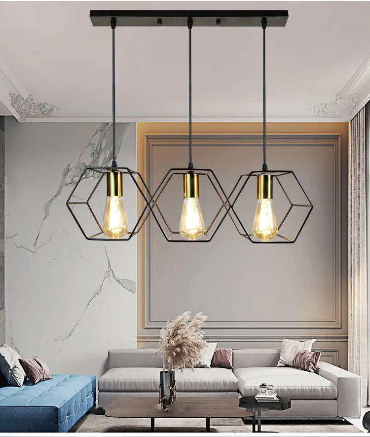 Geometric Hexagonal Black Metal Multi-Head Pendant Light | Lumfyr
