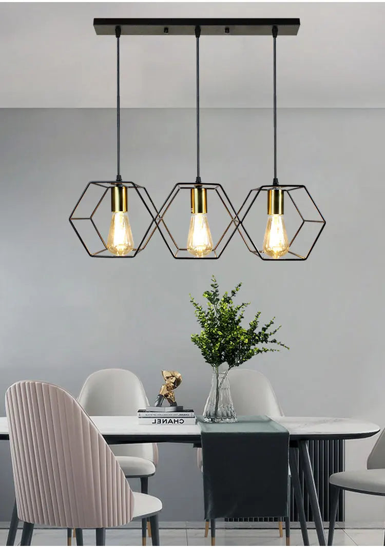 Geometric Hexagonal Black Metal Multi-Head Pendant Light | Lumfyr
