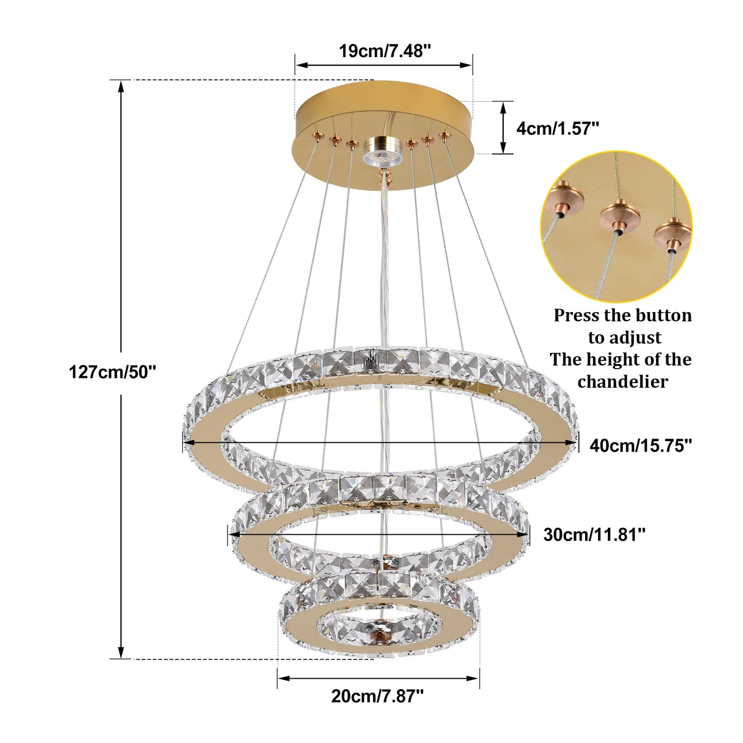 Lustre Cristal 3 Anneaux LED