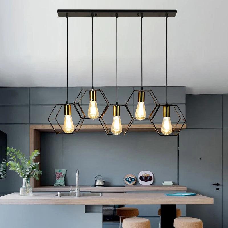 Geometric Hexagonal Black Metal Multi-Head Pendant Light | Lumfyr